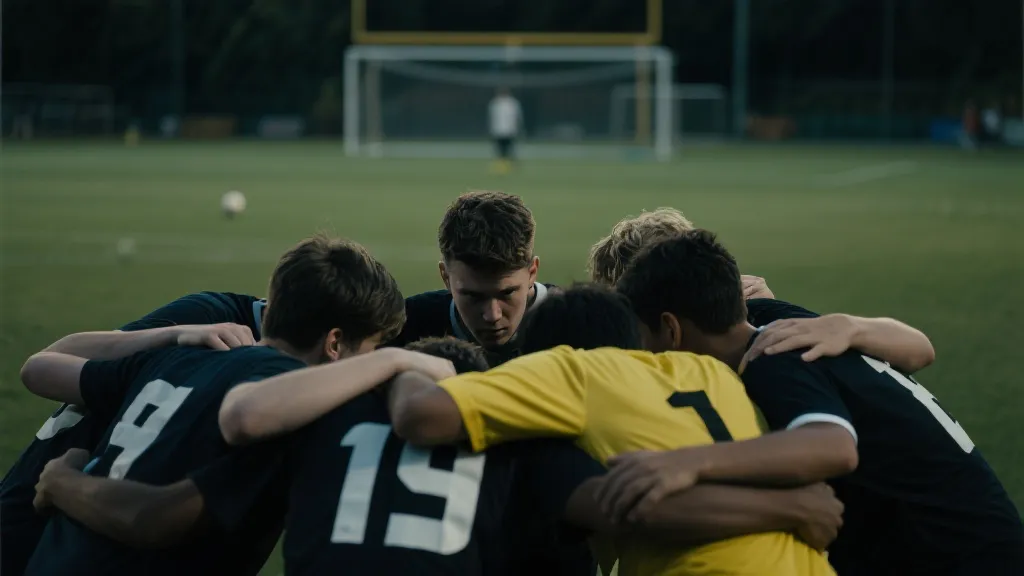 点球大战前球员围成一圈的紧张时刻，电影感构图