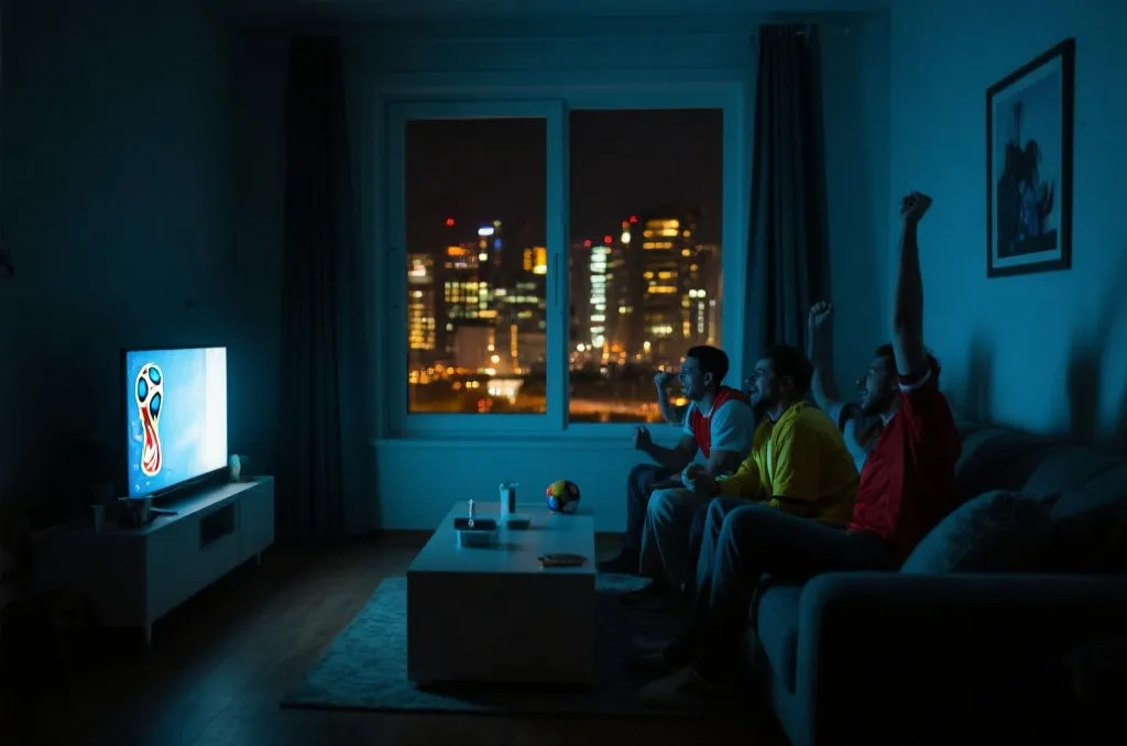 世界杯夜间观赛氛围与电视屏幕前的球迷